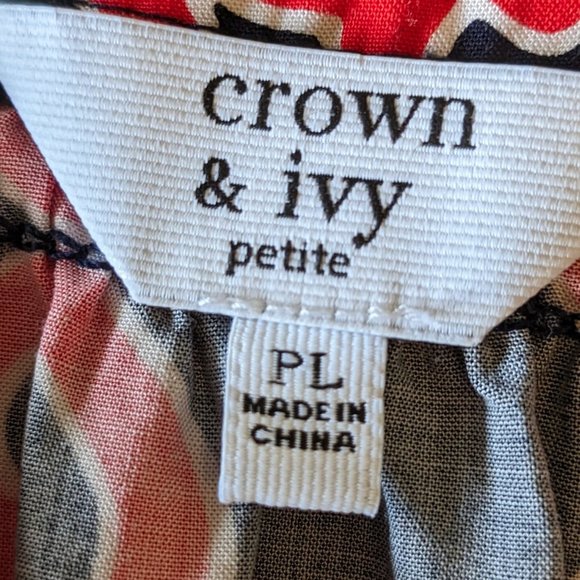 Crown & Ivy Black & Orange Top Blouse Tunic Petite Large 3/4 Puff Sleeves - Picture 7 of 8